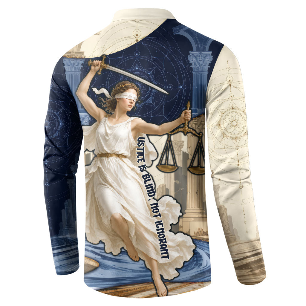 Themis Lady Justice Button Sweatshirt Greek Mythology Blindfold Scales Statue Classic Art Style