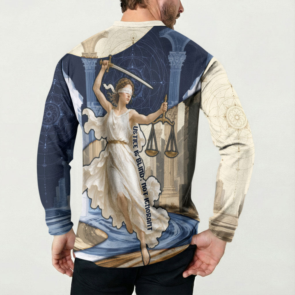 Themis Lady Justice Button Sweatshirt Greek Mythology Blindfold Scales Statue Classic Art Style