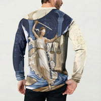 Themis Lady Justice Button Sweatshirt Greek Mythology Blindfold Scales Statue Classic Art Style