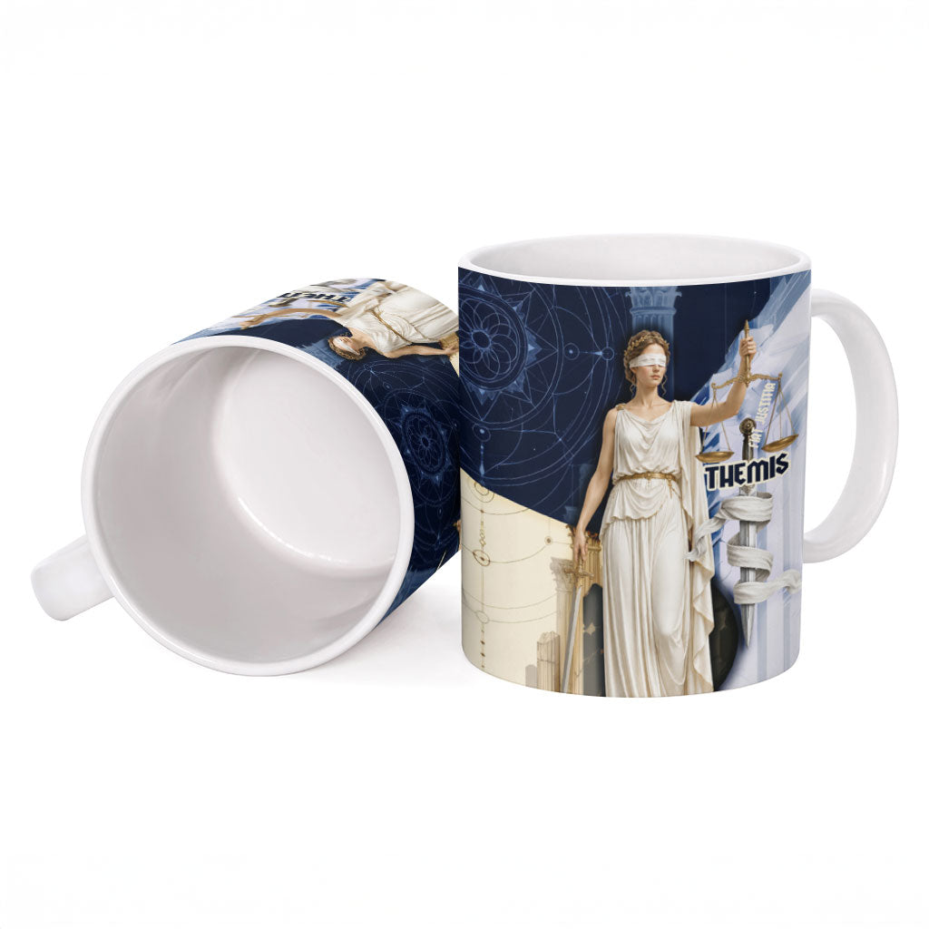 Themis Lady Justice Ceramic Mug Greek Mythology Blindfold Scales Statue Classic Art Style