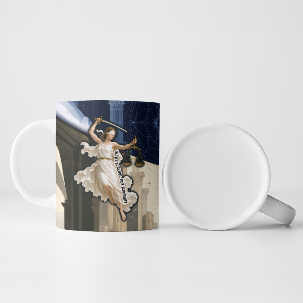 Themis Lady Justice Ceramic Mug Greek Mythology Blindfold Scales Statue Classic Art Style