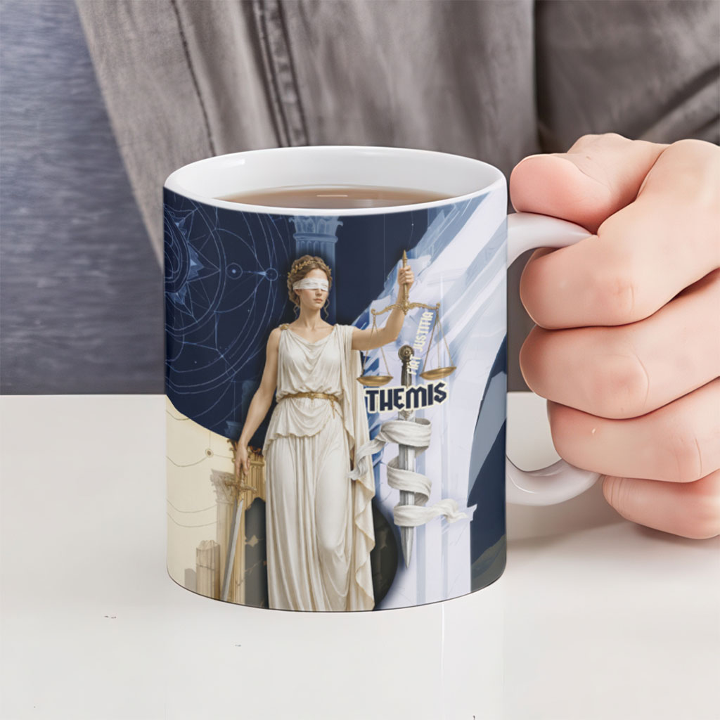 Themis Lady Justice Ceramic Mug Greek Mythology Blindfold Scales Statue Classic Art Style