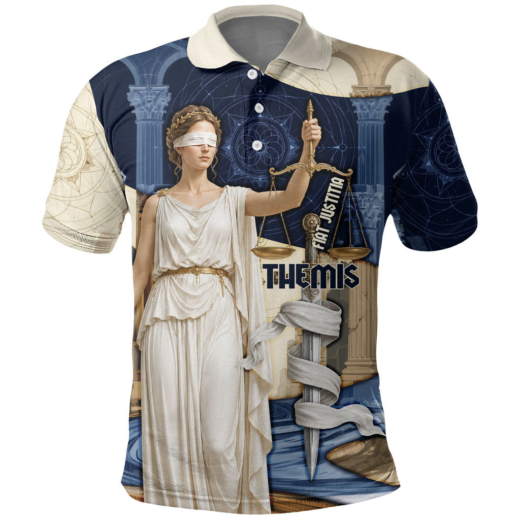 Themis Lady Justice Polo Shirt Greek Mythology Blindfold Scales Statue Classic Art Style