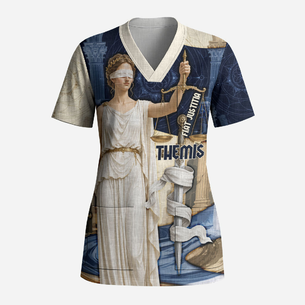 Themis Lady Justice Scrub Top Greek Mythology Blindfold Scales Statue Classic Art Style