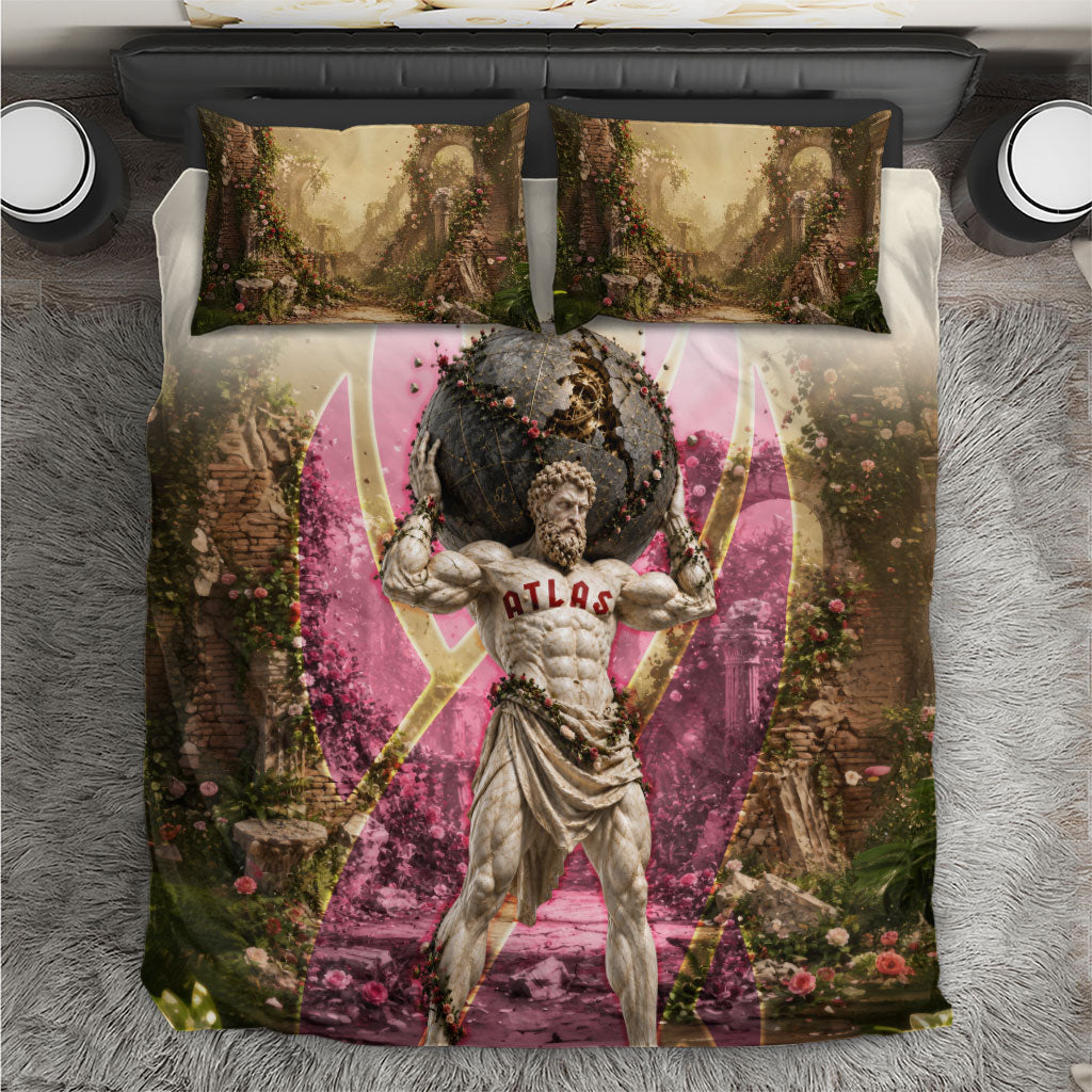Greek Mythology Atlas Carrying Celestial Sphere Bedding Set Floral Stone Statue Classical Art Ancient History Symbol