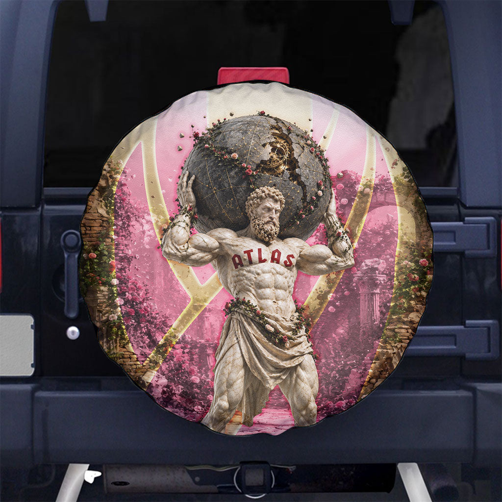 Greek Mythology Atlas Carrying Celestial Sphere Spare Tire Cover Floral Stone Statue Classical Art Ancient History Symbol
