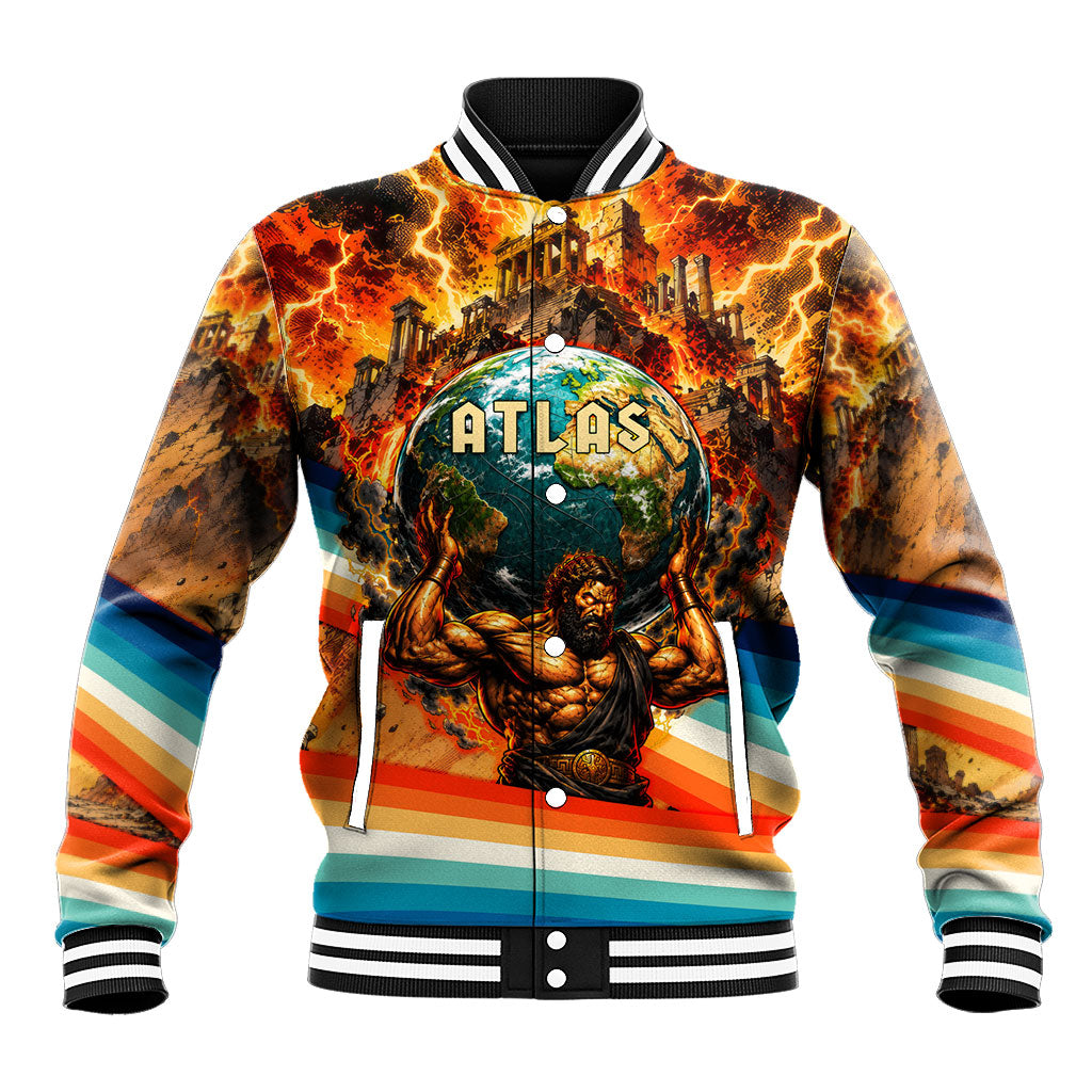 Greek Mythology Titan Atlas Carrying Earth Baseball Jacket Vibrant Retro Comic Style Ancient Greece Legend
