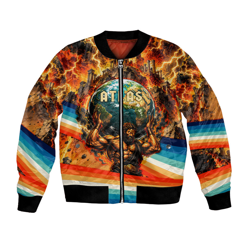 Greek Mythology Titan Atlas Carrying Earth Bomber Jacket Vibrant Retro Comic Style Ancient Greece Legend