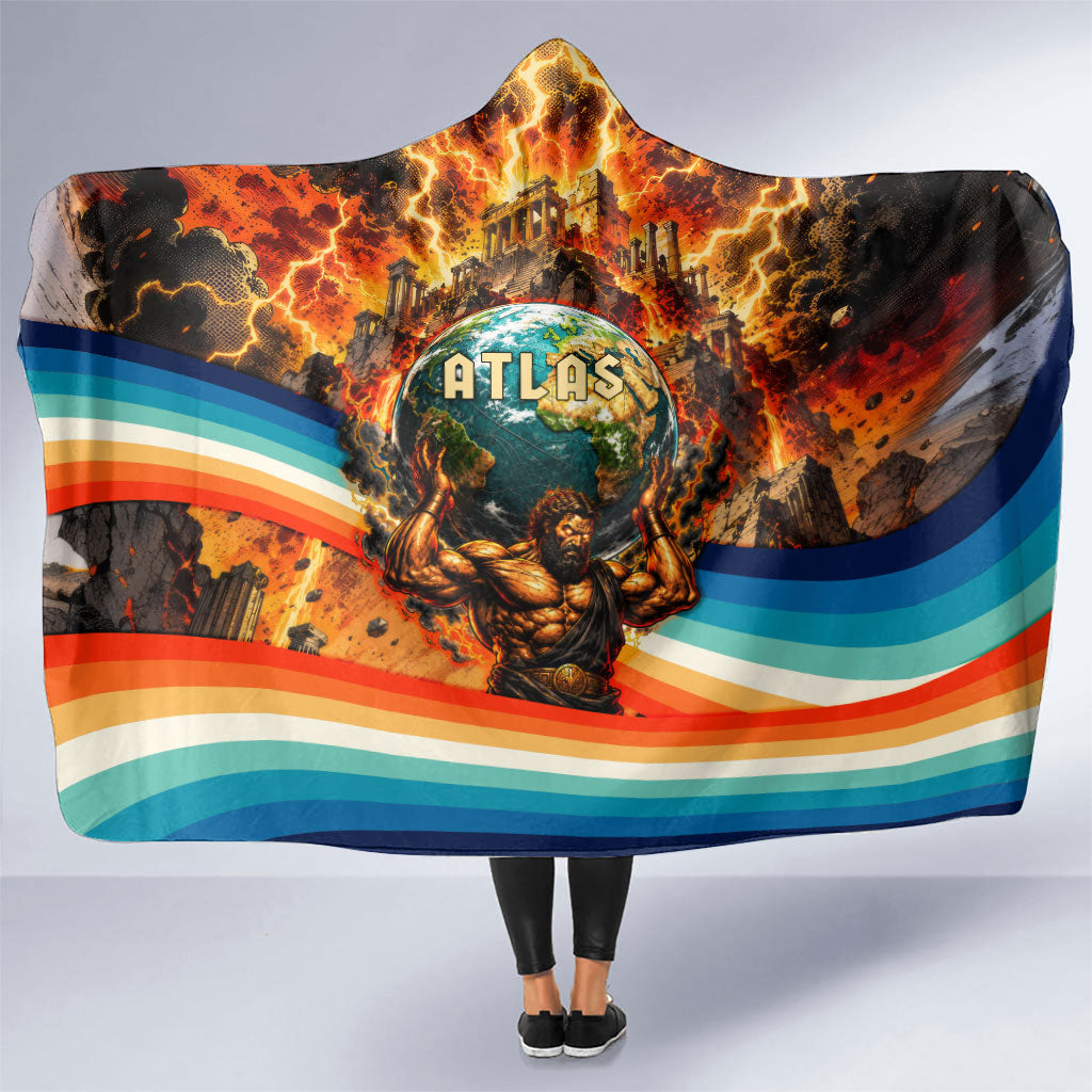 Greek Mythology Titan Atlas Carrying Earth Hooded Blanket Vibrant Retro Comic Style Ancient Greece Legend