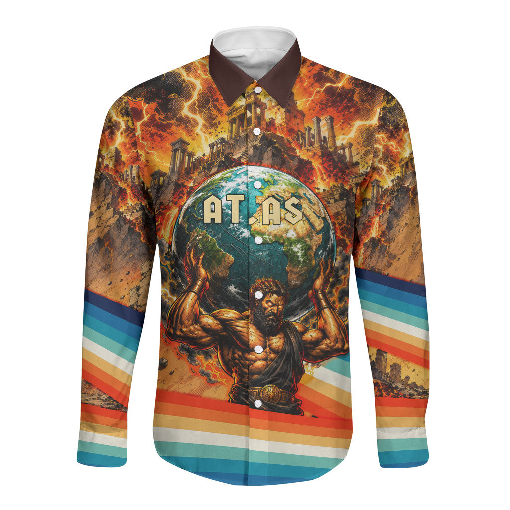 Greek Mythology Titan Atlas Carrying Earth Long Sleeve Button Shirt Vibrant Retro Comic Style Ancient Greece Legend