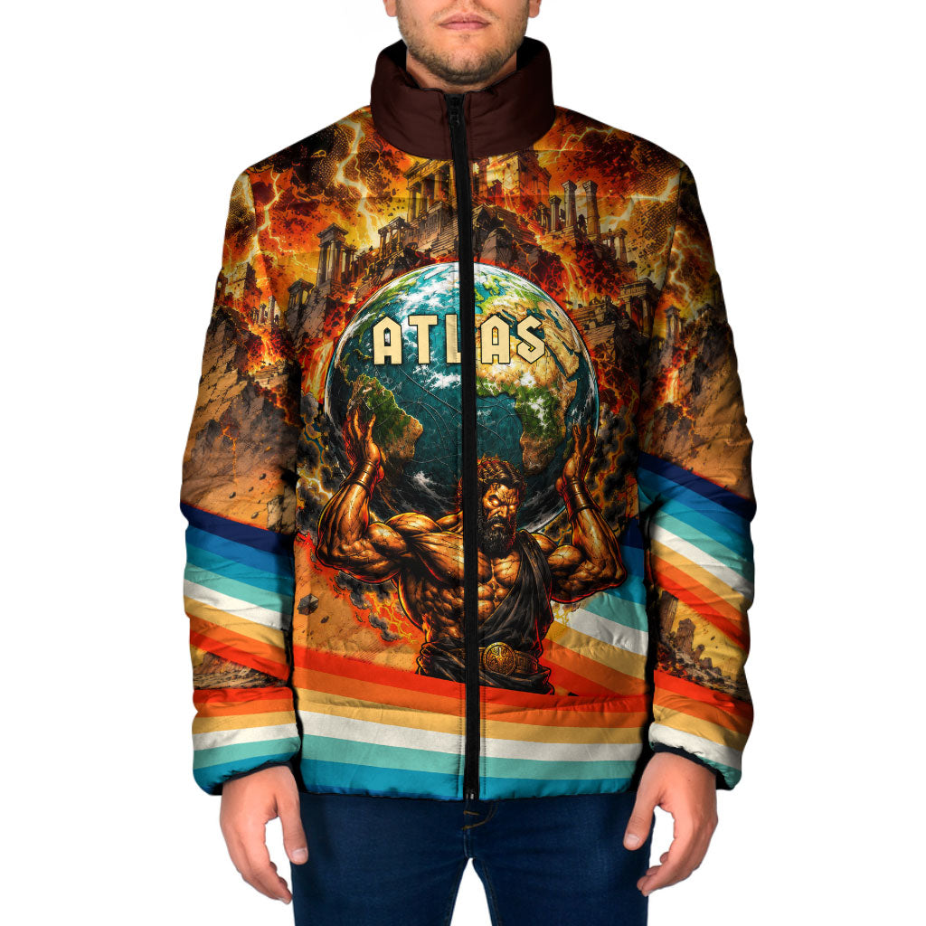 Greek Mythology Titan Atlas Carrying Earth Padded Jacket Vibrant Retro Comic Style Ancient Greece Legend
