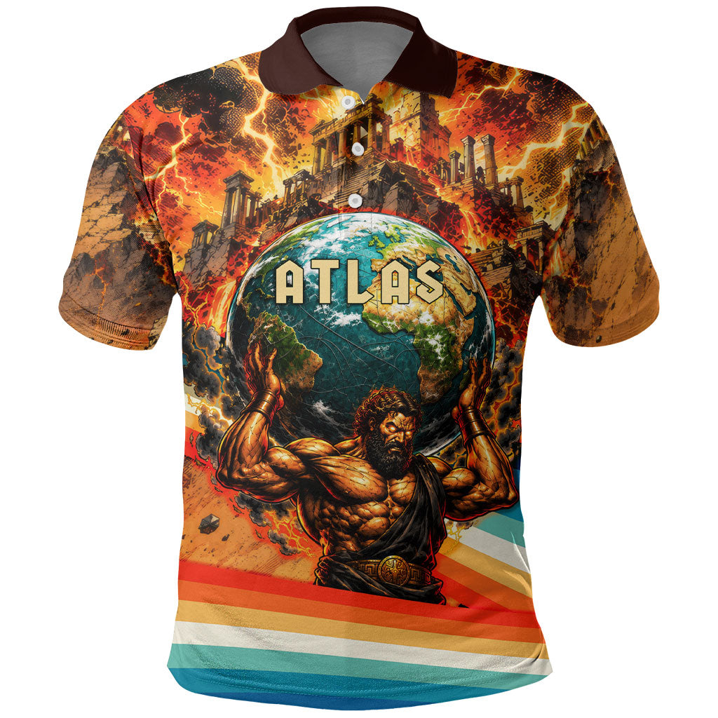 Greek Mythology Titan Atlas Carrying Earth Polo Shirt Vibrant Retro Comic Style Ancient Greece Legend