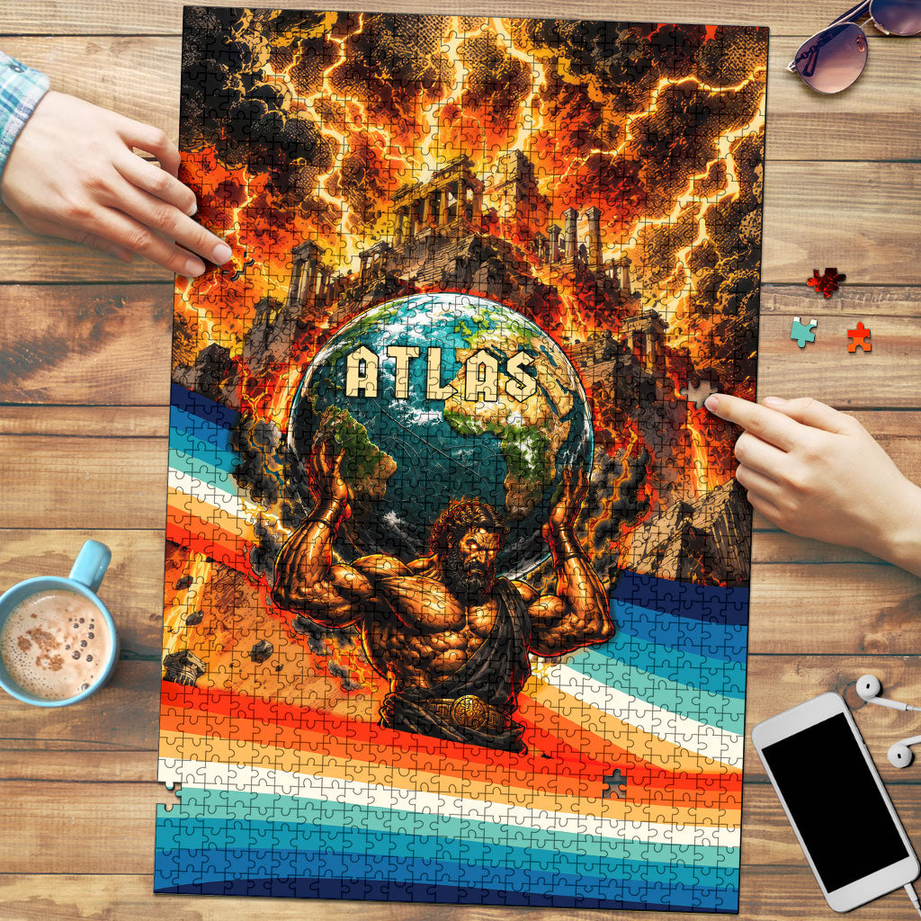 Greek Mythology Titan Atlas Carrying Earth Puzzle Vibrant Retro Comic Style Ancient Greece Legend