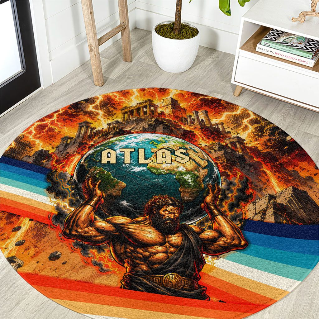 Greek Mythology Titan Atlas Carrying Earth Round Carpet Vibrant Retro Comic Style Ancient Greece Legend