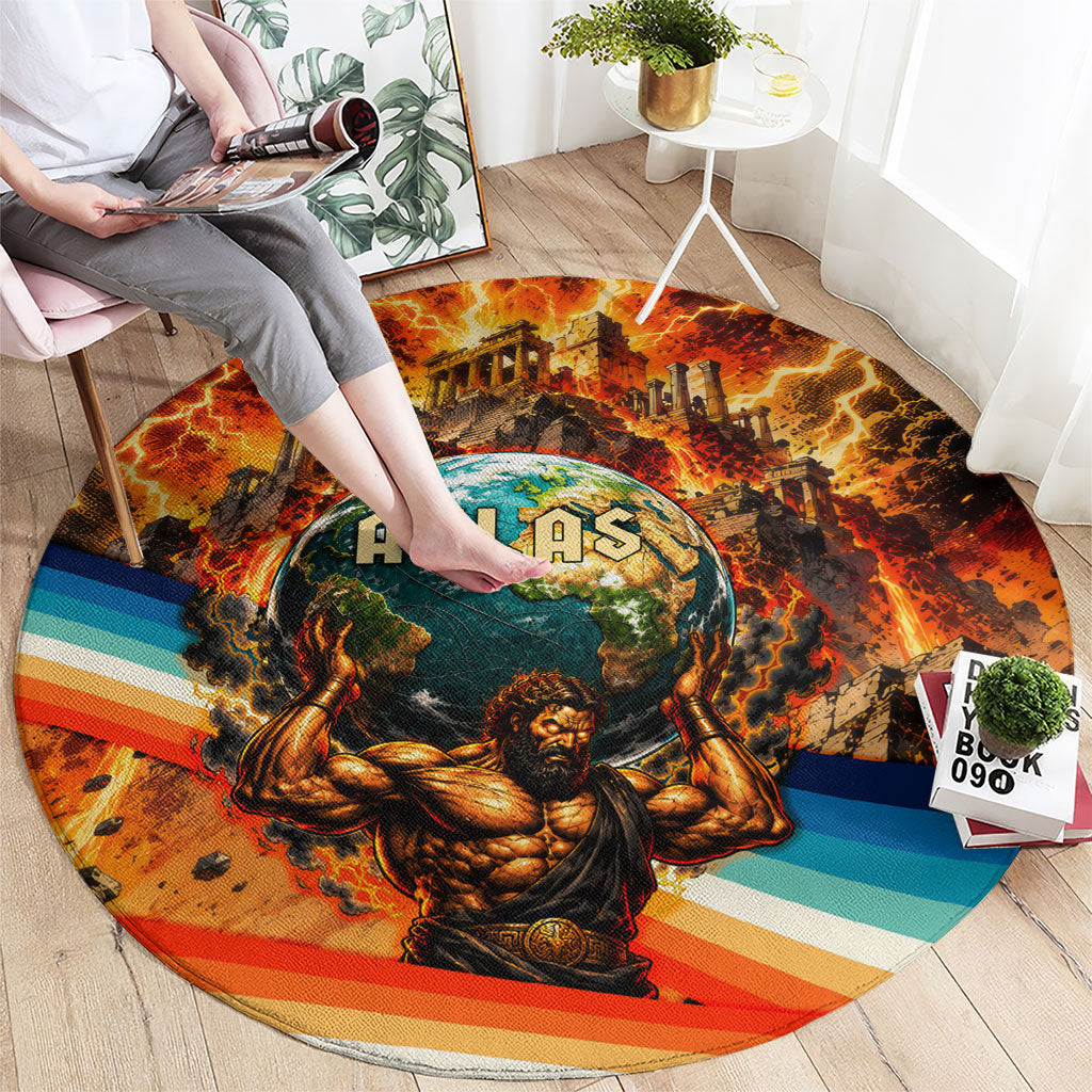 Greek Mythology Titan Atlas Carrying Earth Round Carpet Vibrant Retro Comic Style Ancient Greece Legend