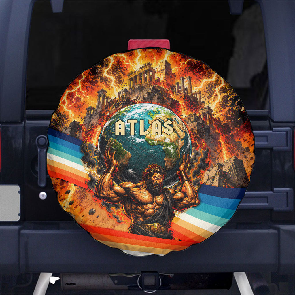 Greek Mythology Titan Atlas Carrying Earth Spare Tire Cover Vibrant Retro Comic Style Ancient Greece Legend