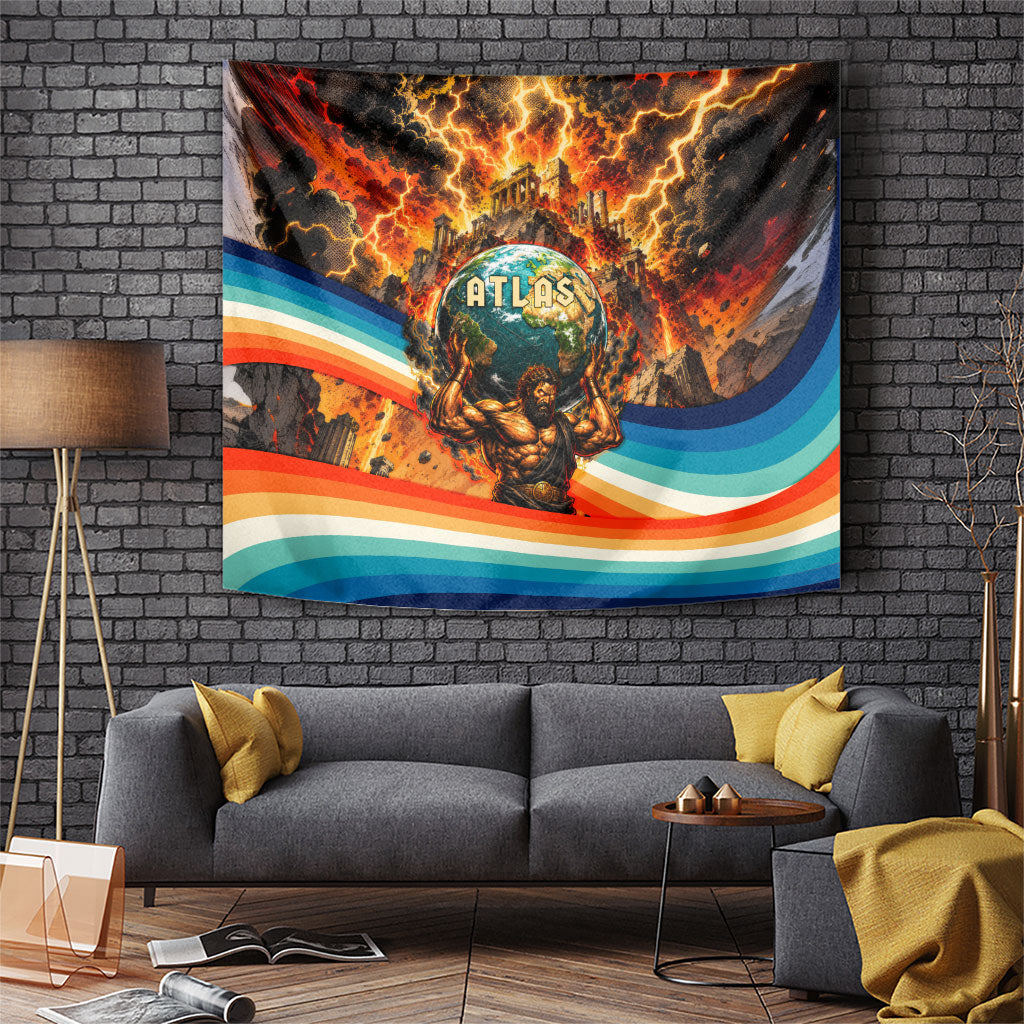 Greek Mythology Titan Atlas Carrying Earth Tapestry Vibrant Retro Comic Style Ancient Greece Legend