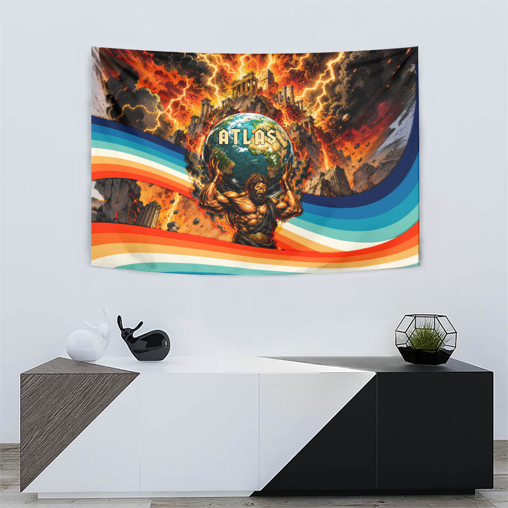 Greek Mythology Titan Atlas Carrying Earth Tapestry Vibrant Retro Comic Style Ancient Greece Legend