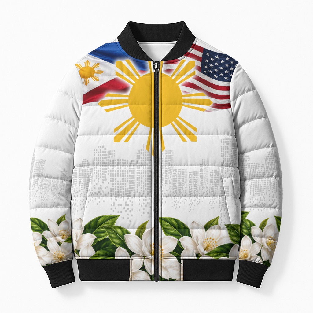 Filipino American History Month Bomber Puffer Jacket USA And Philippines Flag Sun Sampaguita Floral
