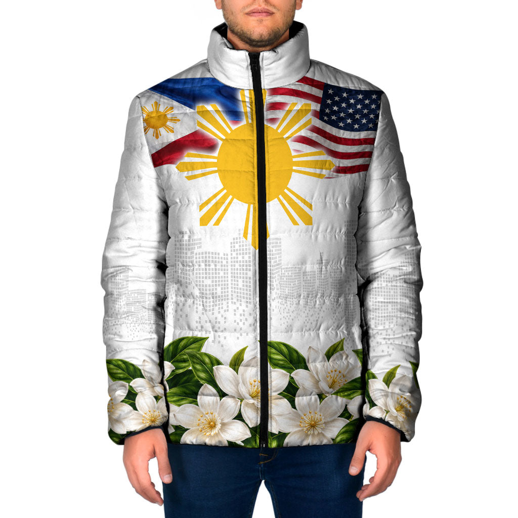 Filipino American History Month Padded Jacket USA And Philippines Flag Sun Sampaguita Floral