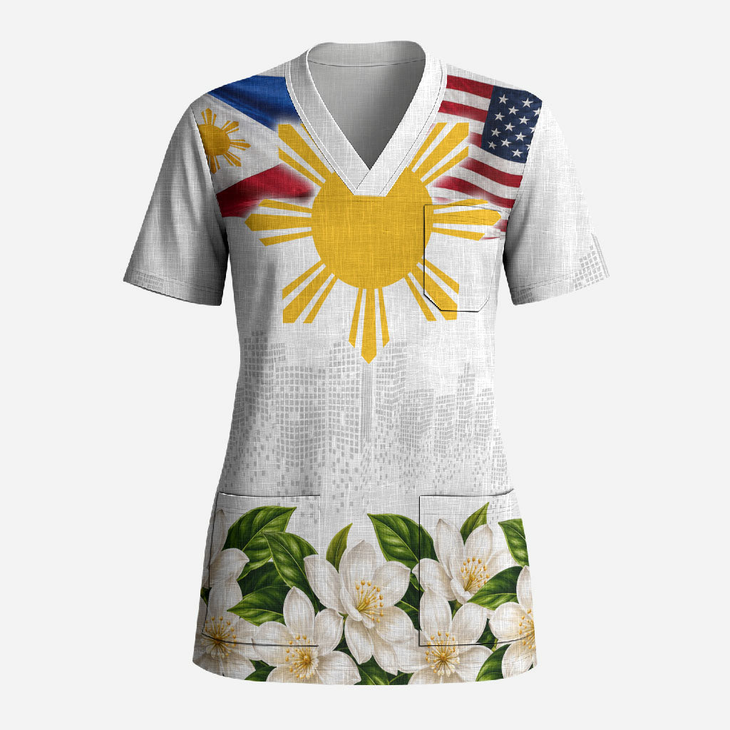 Filipino American History Month Scrub Top USA And Philippines Flag Sun Sampaguita Floral