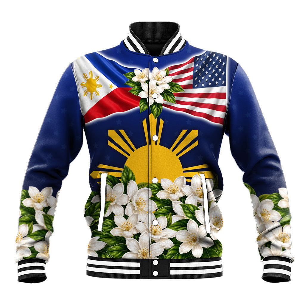 Filipino American History Month Baseball Jacket Sampaguita Floral Heritage Flag Art