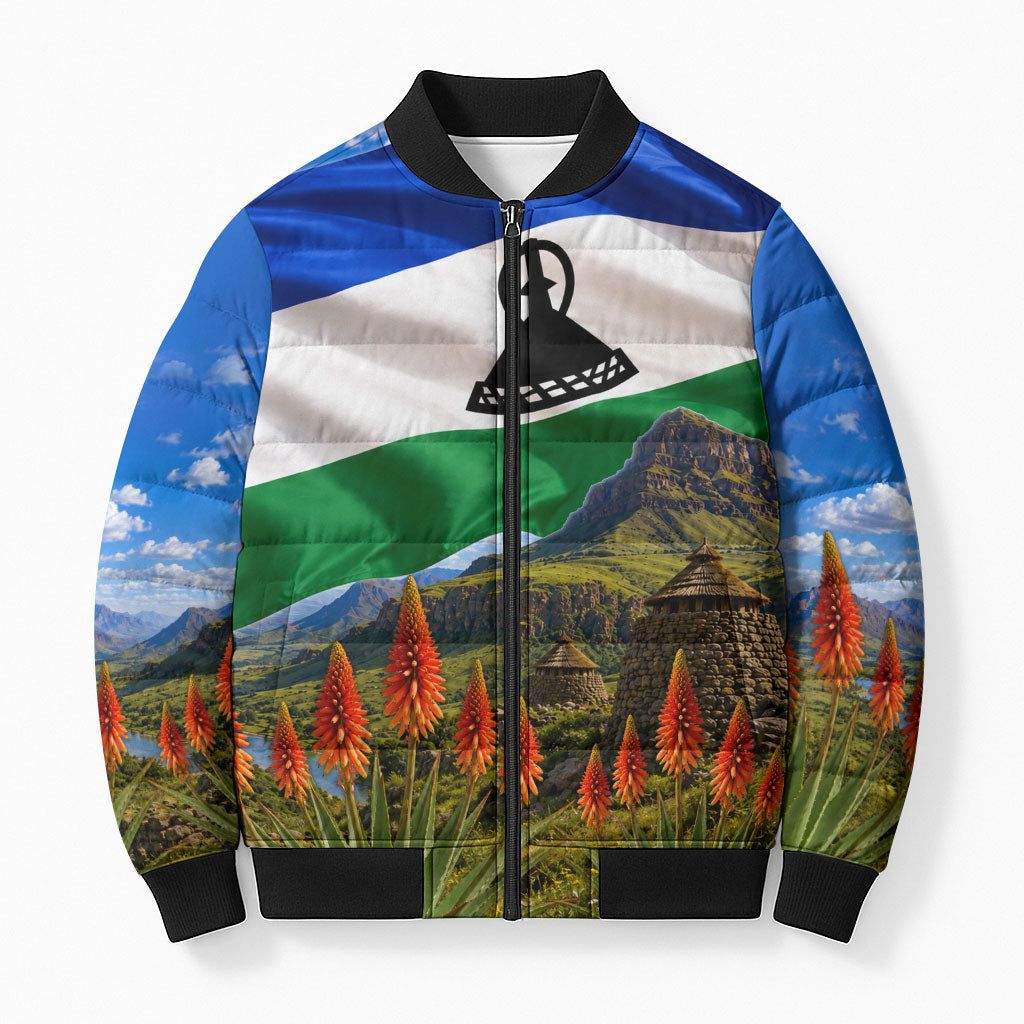 Lesotho Independence Day Bomber Puffer Jacket National Flag Scenic Mountain Landscape And Floral