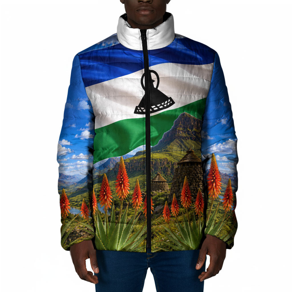 Lesotho Independence Day Padded Jacket National Flag Scenic Mountain Landscape And Floral