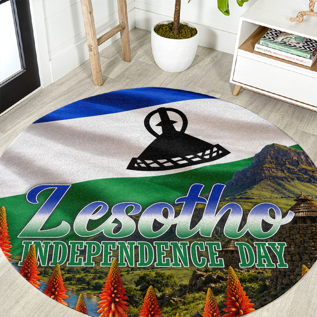 Lesotho Independence Day Round Carpet National Flag Scenic Mountain Landscape And Floral