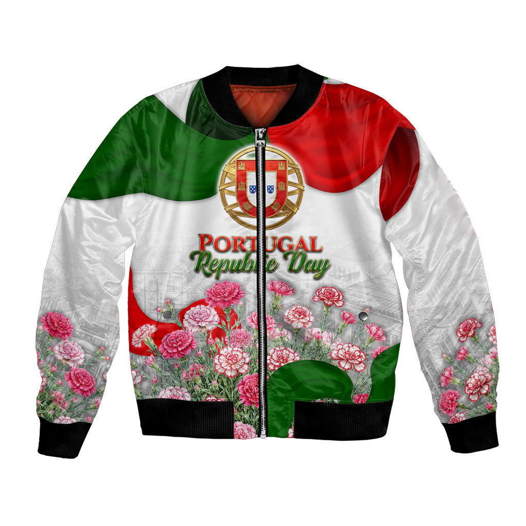 Portugal Republic Day Bomber Jacket National Flag Coat Of Arms And Carnation Floral
