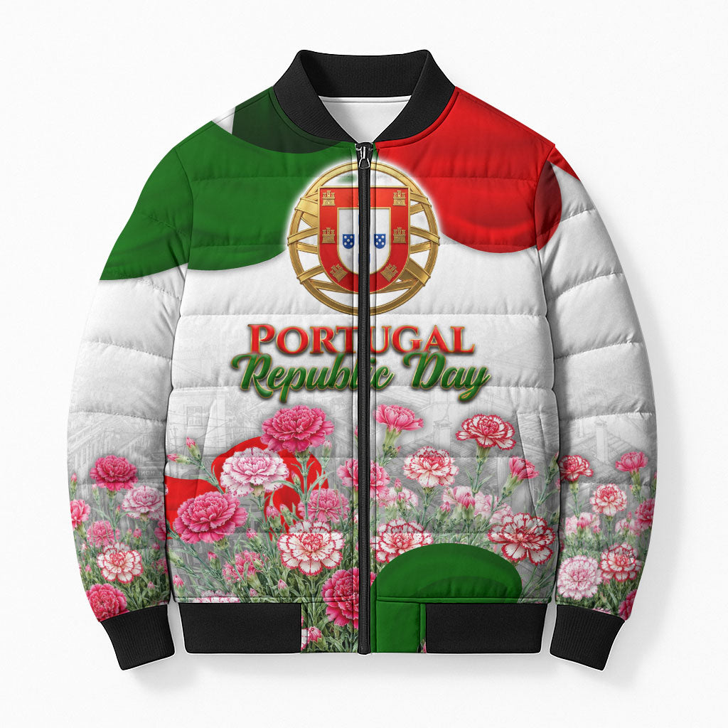 Portugal Republic Day Bomber Puffer Jacket National Flag Coat Of Arms And Carnation Floral