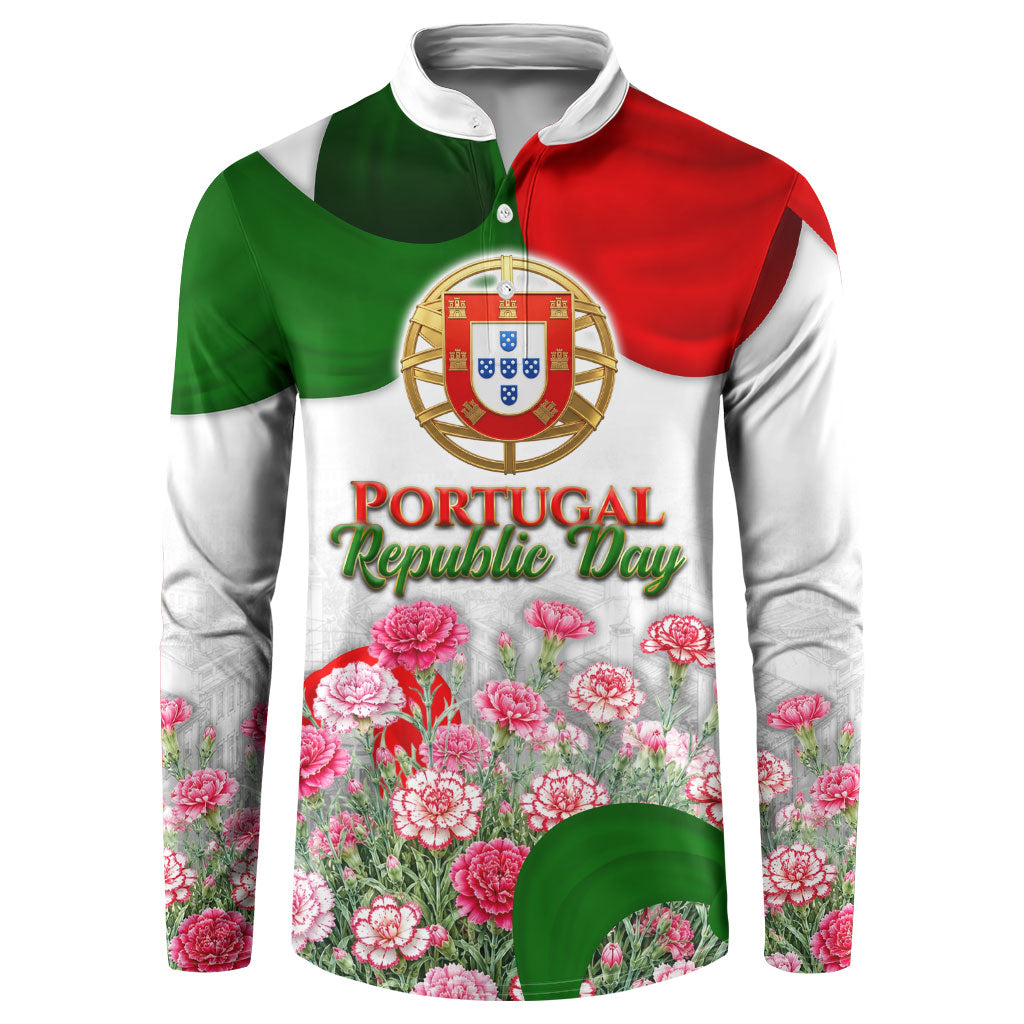 Portugal Republic Day Button Sweatshirt National Flag Coat Of Arms And Carnation Floral