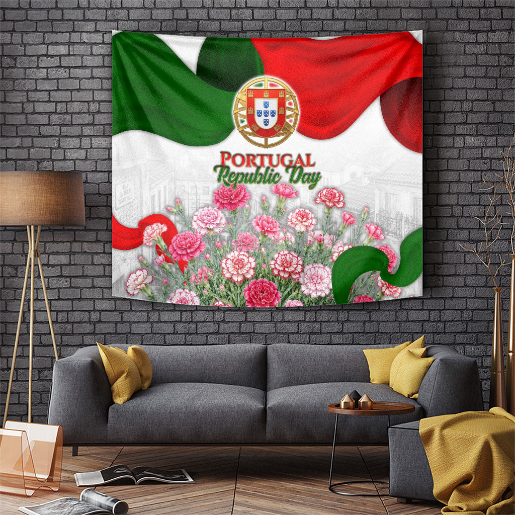 Portugal Republic Day Tapestry National Flag Coat Of Arms And Carnation Floral