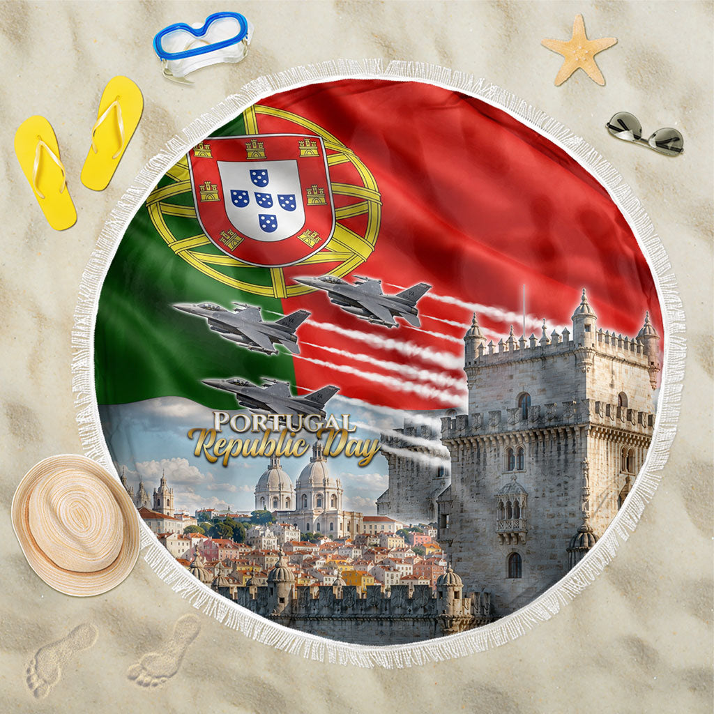 Portugal Republic Day Beach Blanket National Flag Belem Tower And Fighter Jets