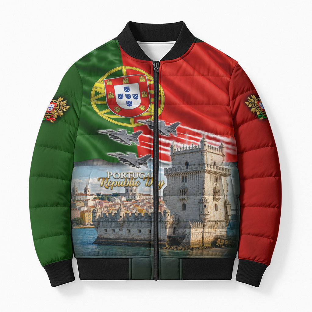 Portugal Republic Day Bomber Puffer Jacket National Flag Belem Tower And Fighter Jets