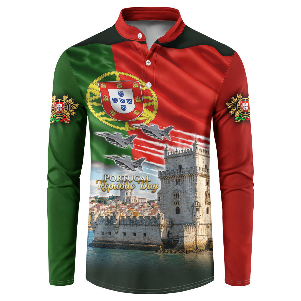 Portugal Republic Day Button Sweatshirt National Flag Belem Tower And Fighter Jets