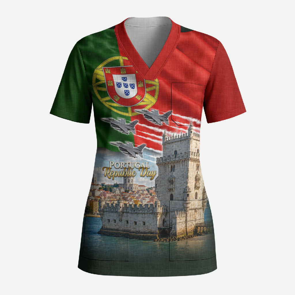 Portugal Republic Day Scrub Top National Flag Belem Tower And Fighter Jets