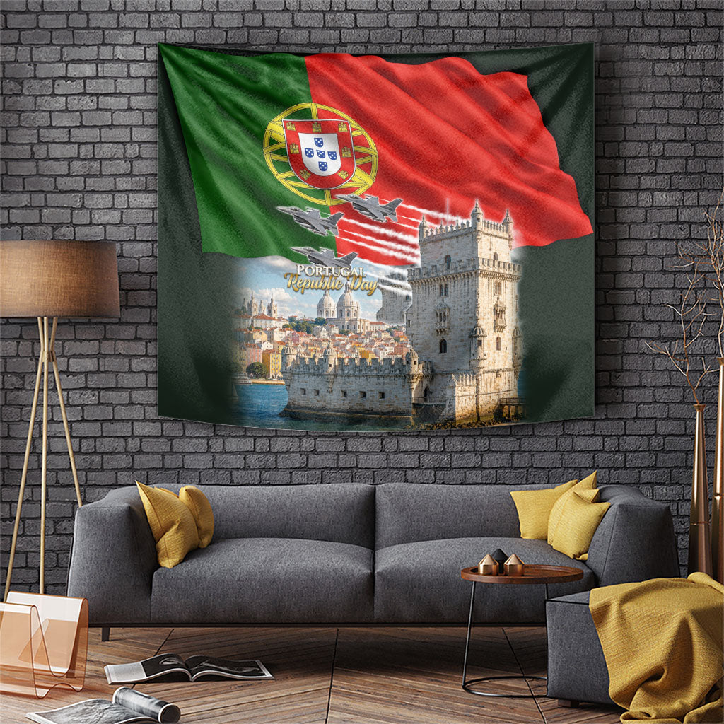 Portugal Republic Day Tapestry National Flag Belem Tower And Fighter Jets