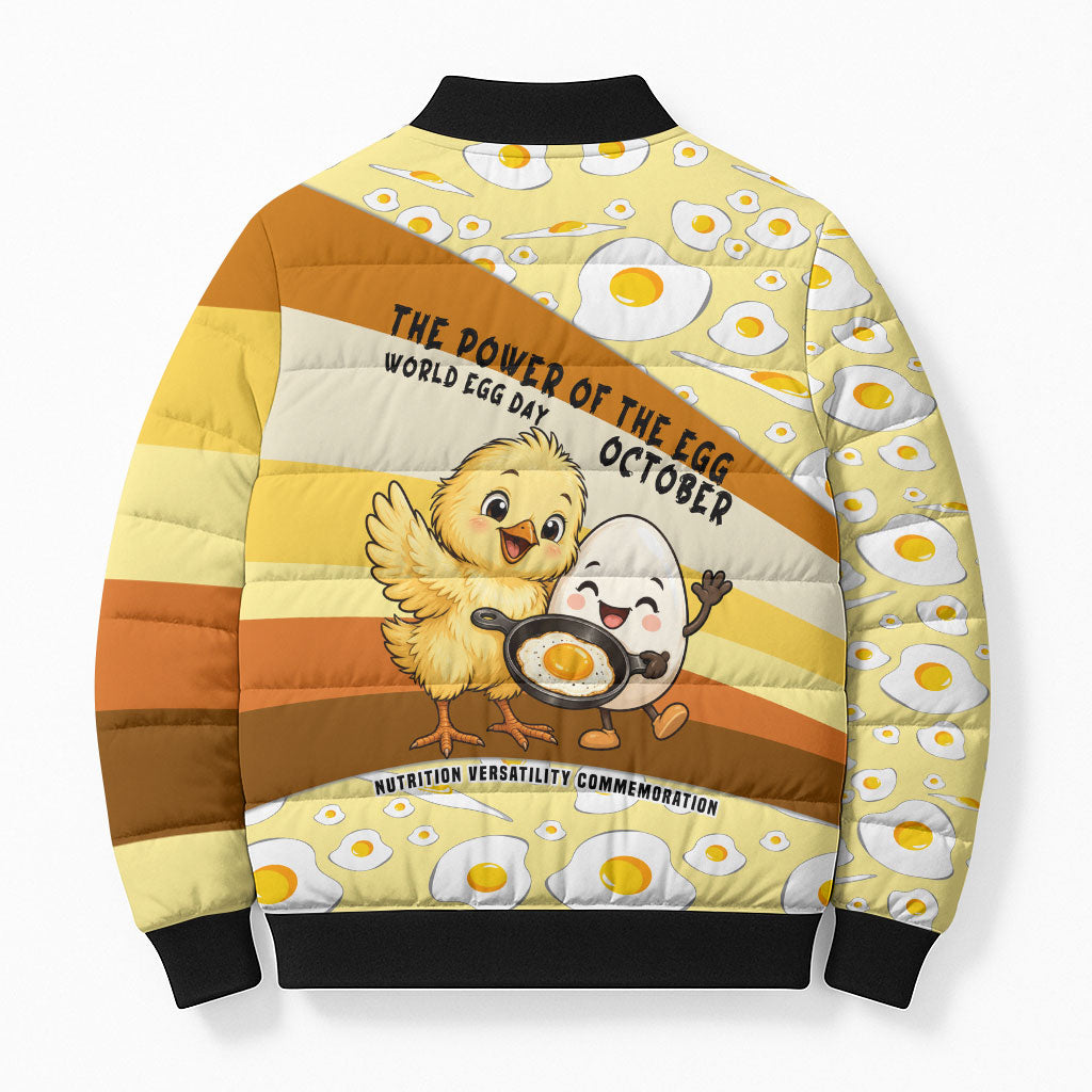 Funny Chick World Egg Day Bomber Puffer Jacket Retro Cartoon Chick And Fried Egg Comic Quote