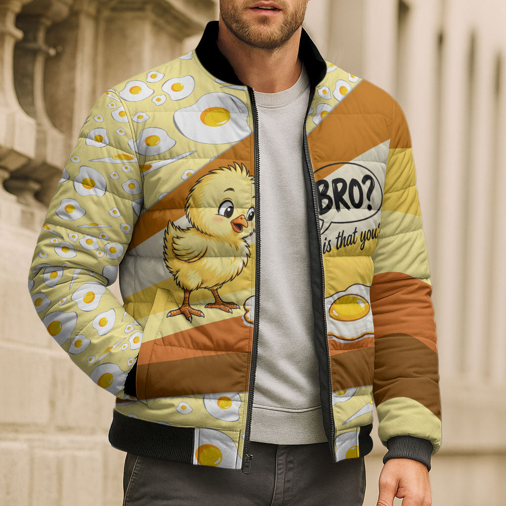 Funny Chick World Egg Day Bomber Puffer Jacket Retro Cartoon Chick And Fried Egg Comic Quote