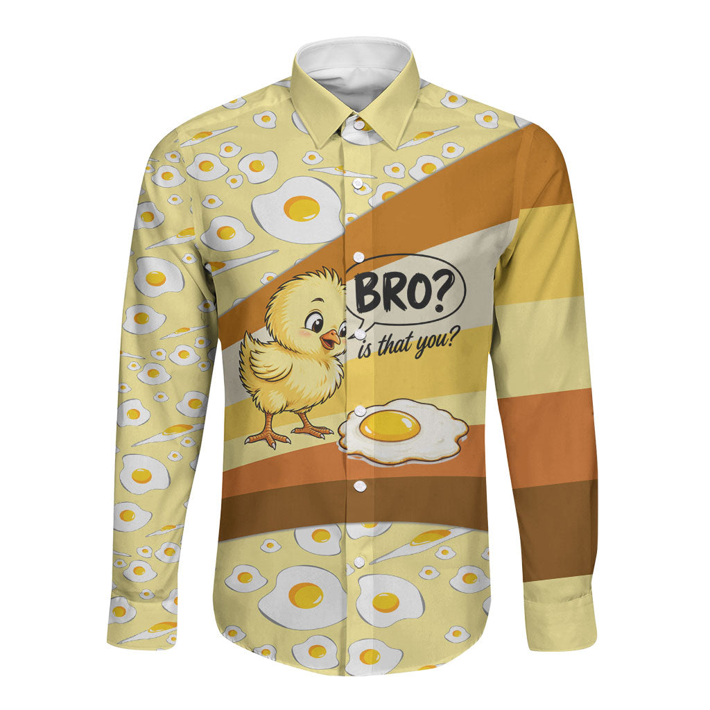 Funny Chick World Egg Day Long Sleeve Button Shirt Retro Cartoon Chick And Fried Egg Comic Quote