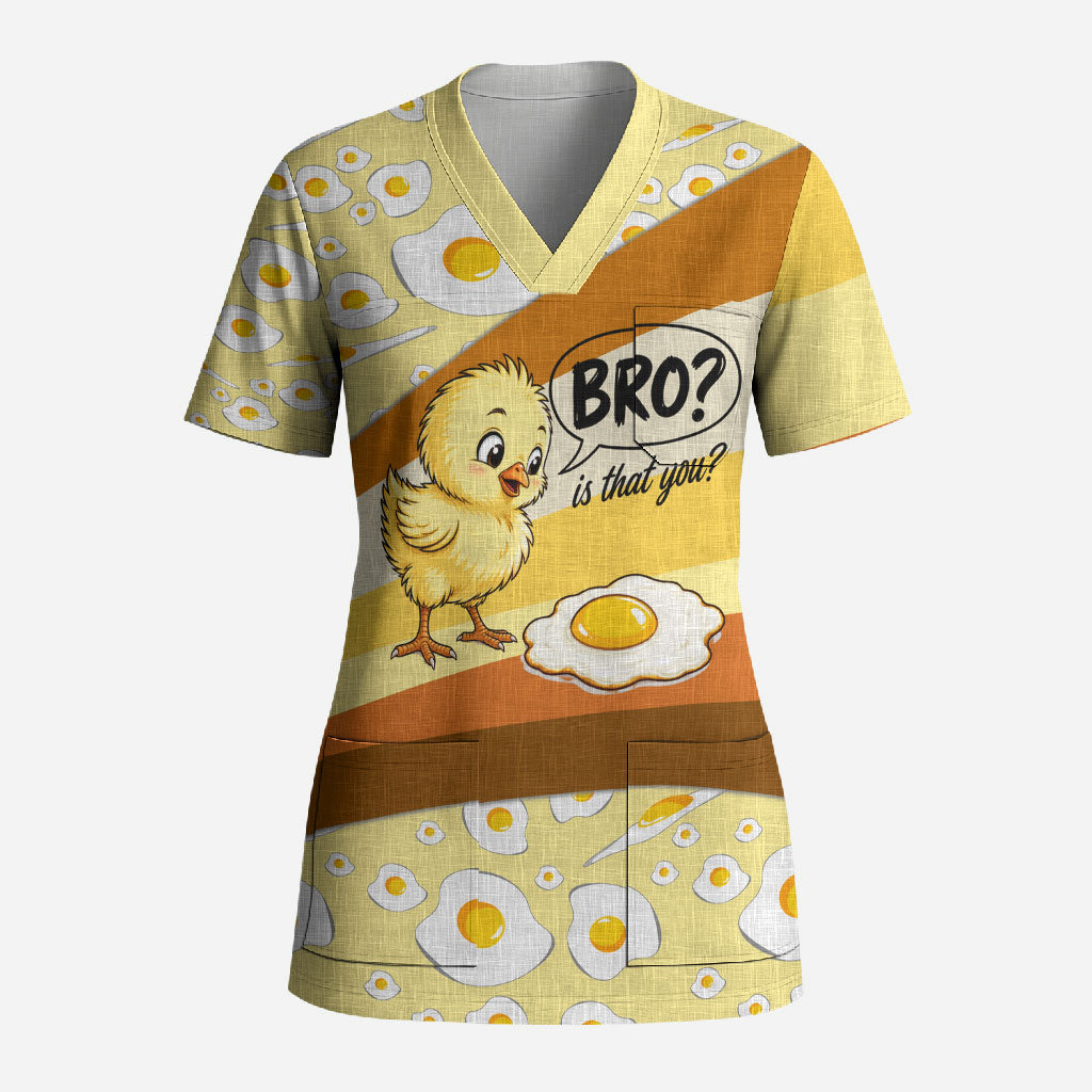 Funny Chick World Egg Day Scrub Top Retro Cartoon Chick And Fried Egg Comic Quote