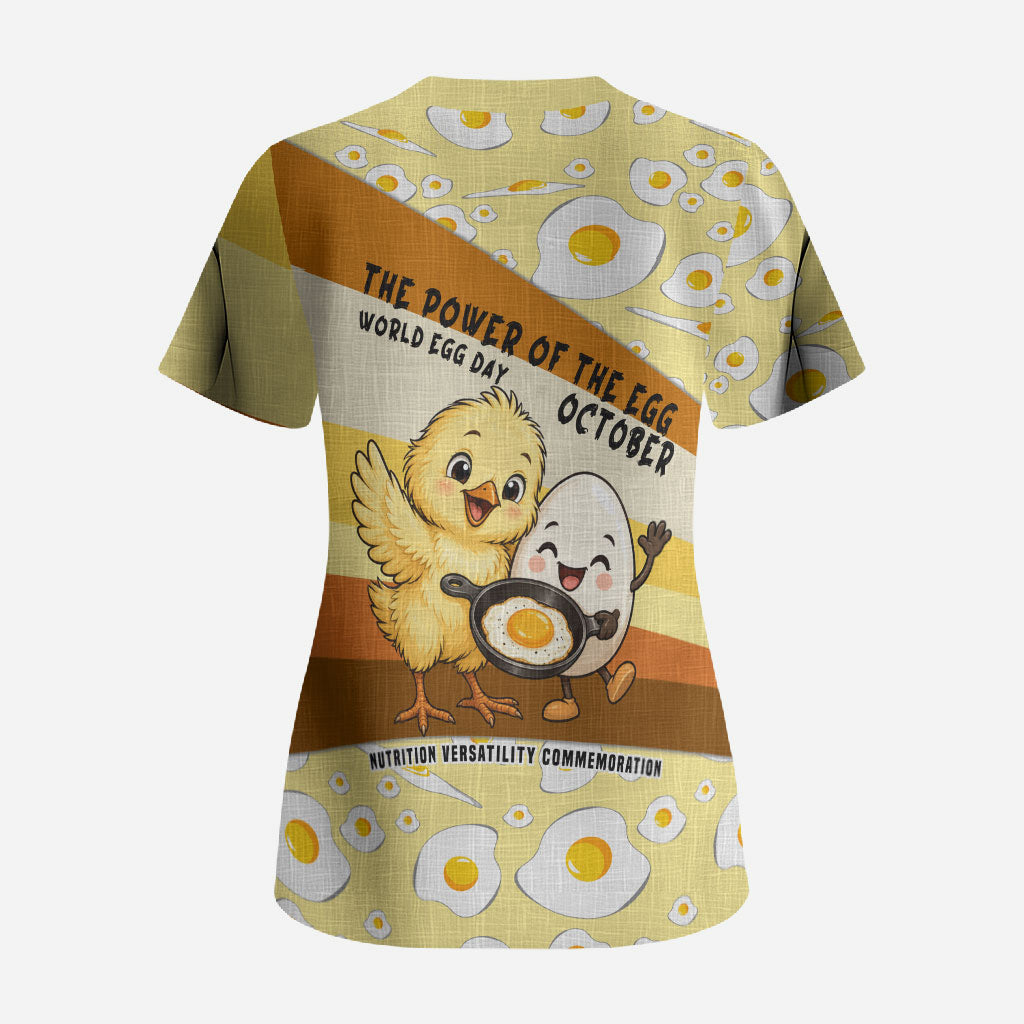 Funny Chick World Egg Day Scrub Top Retro Cartoon Chick And Fried Egg Comic Quote