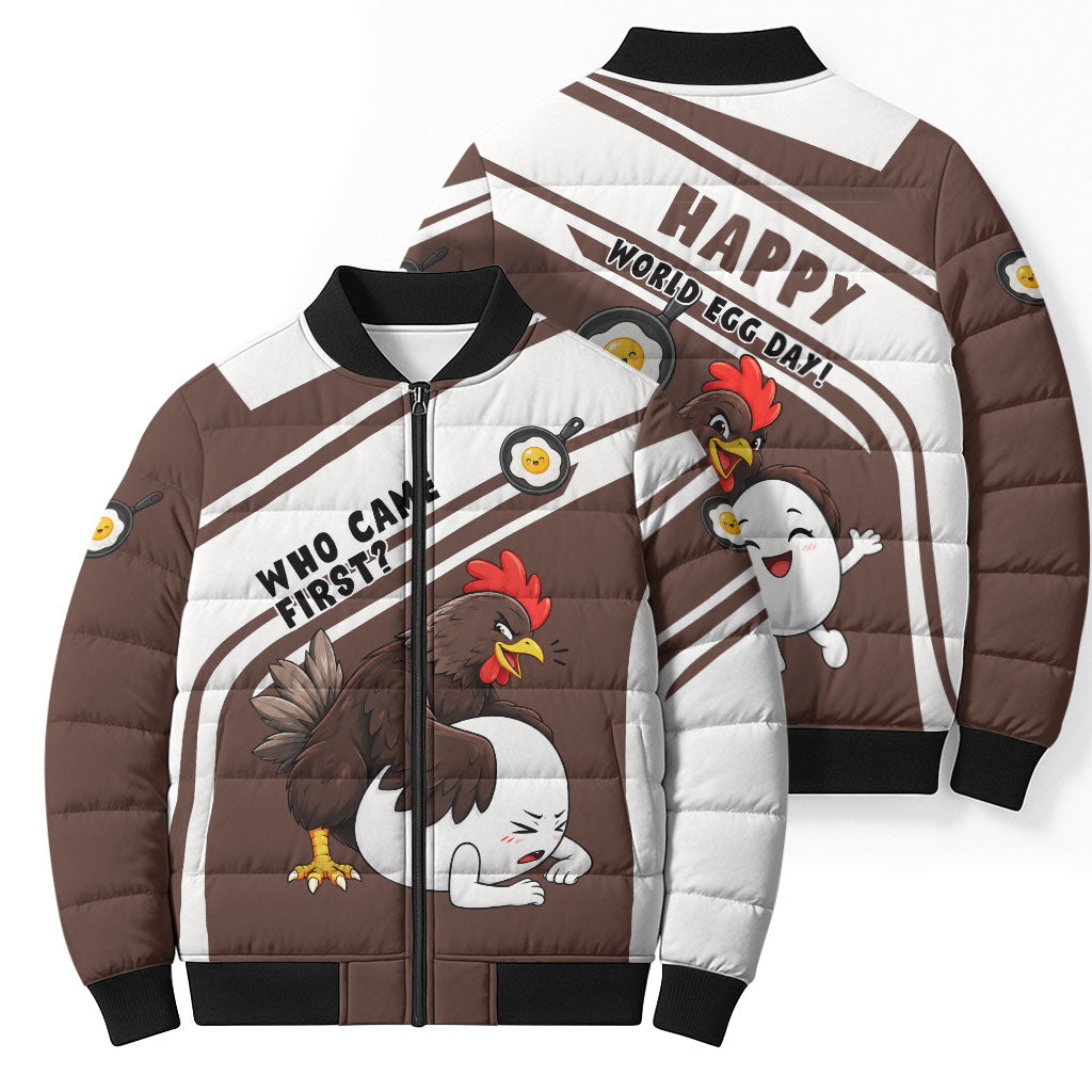 Hen And Egg World Egg Day Bomber Puffer Jacket Who Came First Cute Cartoon Hen And Egg