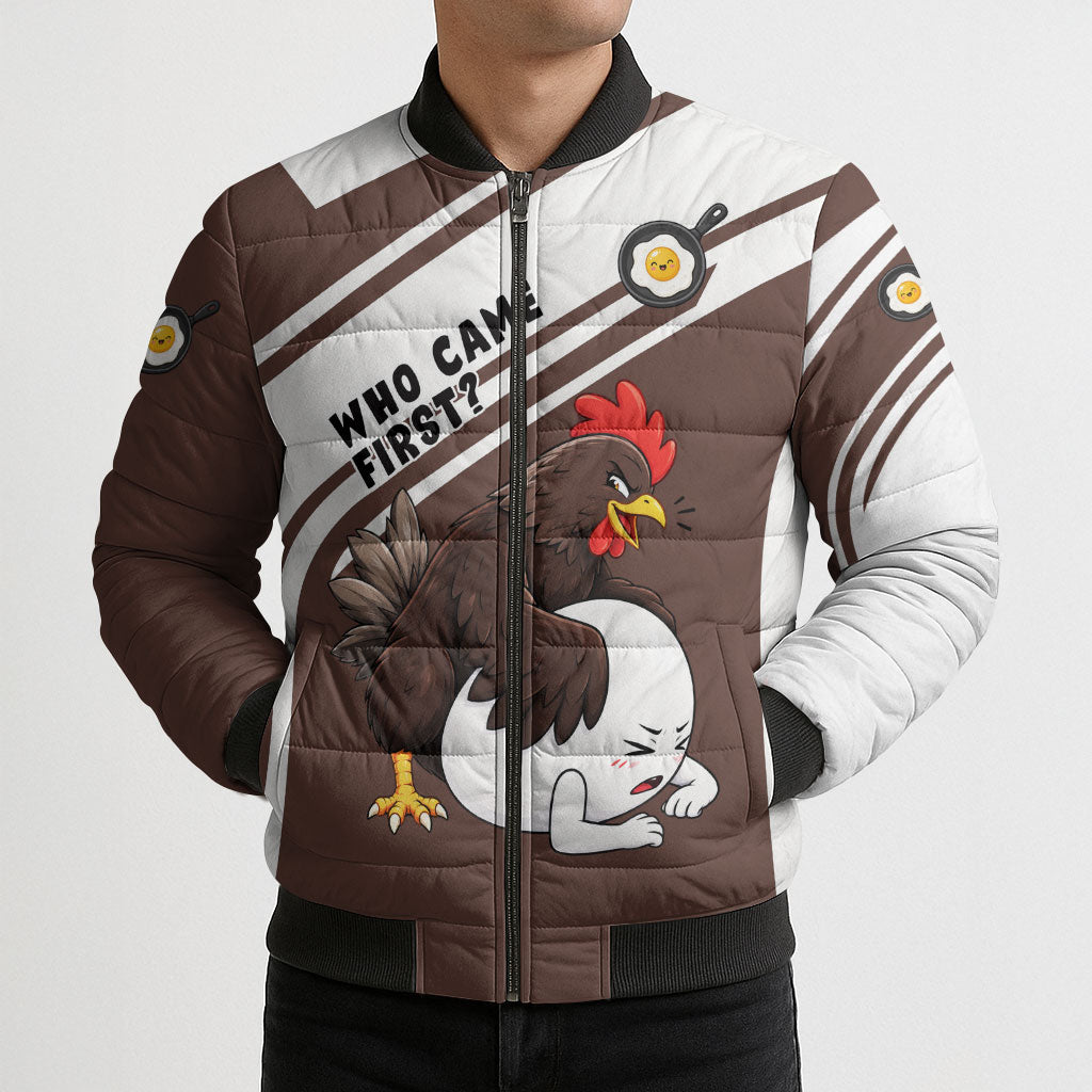Hen And Egg World Egg Day Bomber Puffer Jacket Who Came First Cute Cartoon Hen And Egg