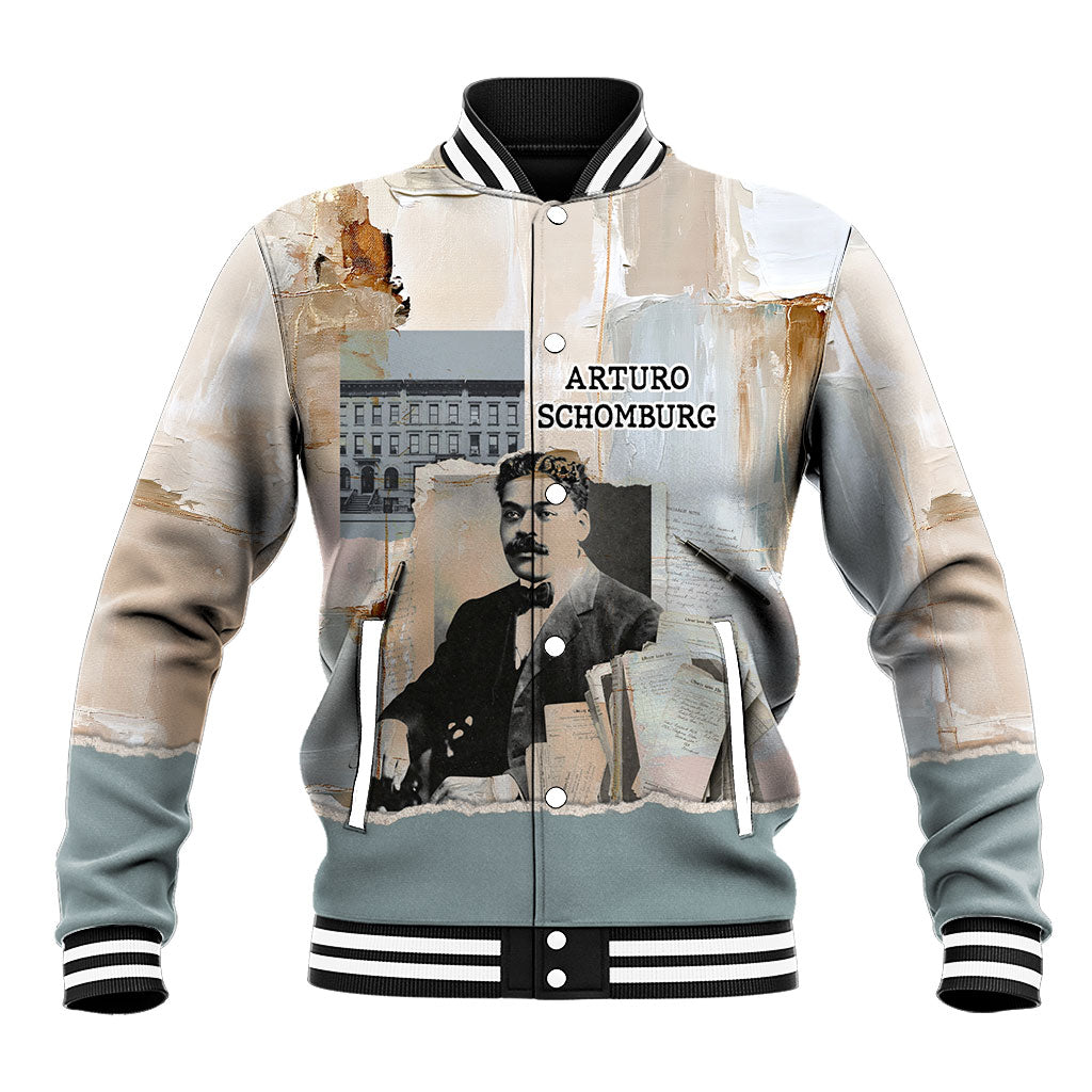 Arturo Schomburg Harlem Renaissance Baseball Jacket Beige Grey Vintage Torn Paper History Portrait