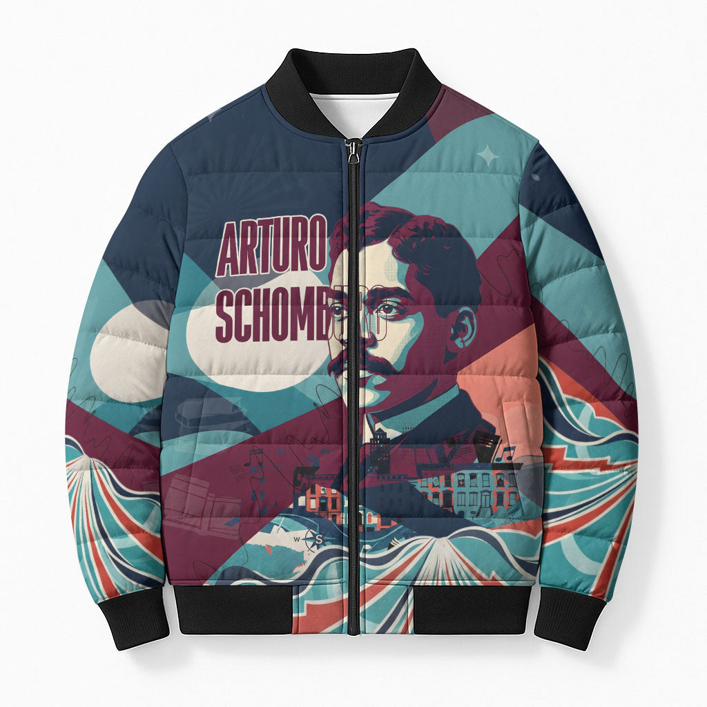 Arturo Schomburg Harlem Renaissance The Man Who Built A Library Bomber Puffer Jacket Blue Red Retro Pop Art Vintage Books History Portrait