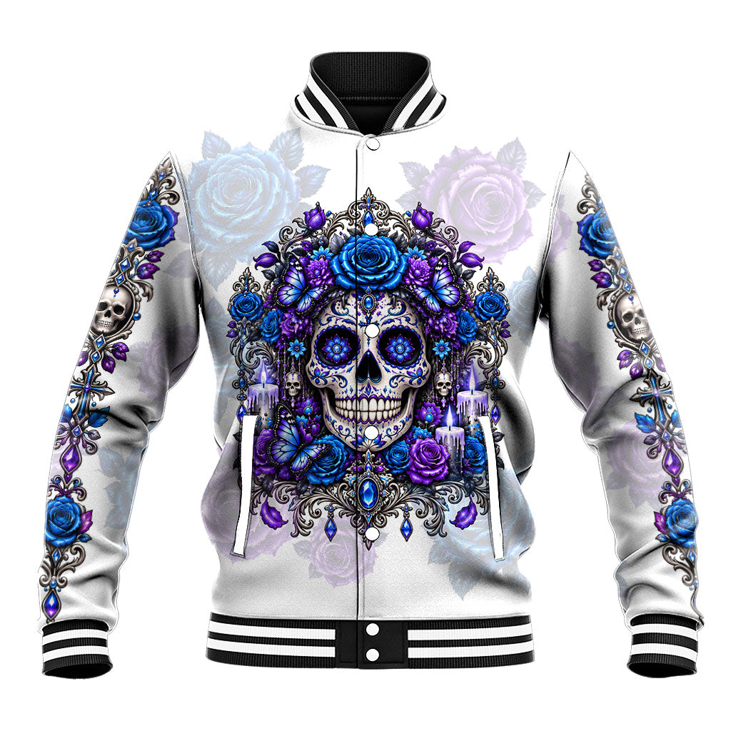 Day Of The Dead Baseball Jacket Gothic Floral La Catrina Blue Purple Roses