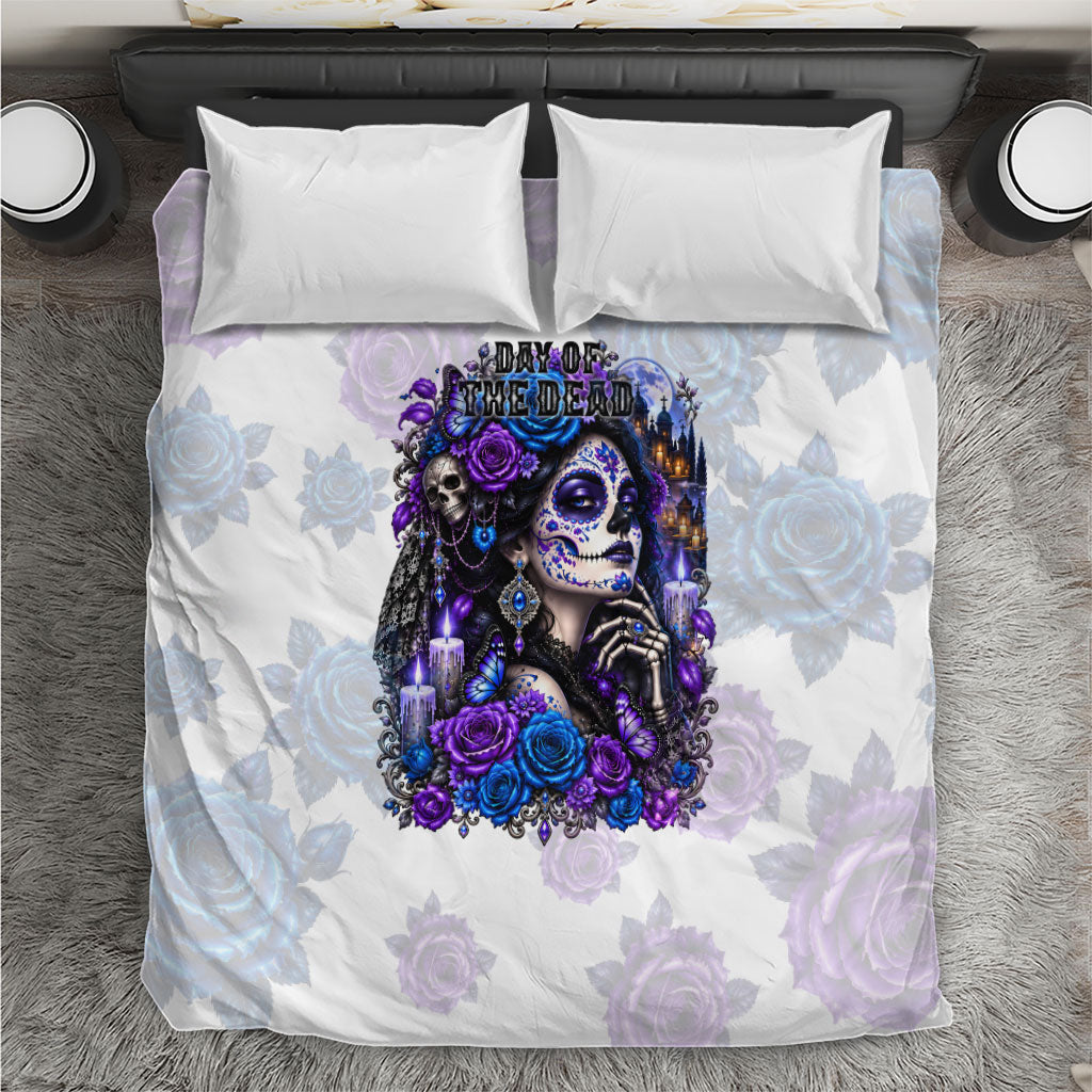 Day Of The Dead Bedding Set Gothic Floral La Catrina Blue Purple Roses