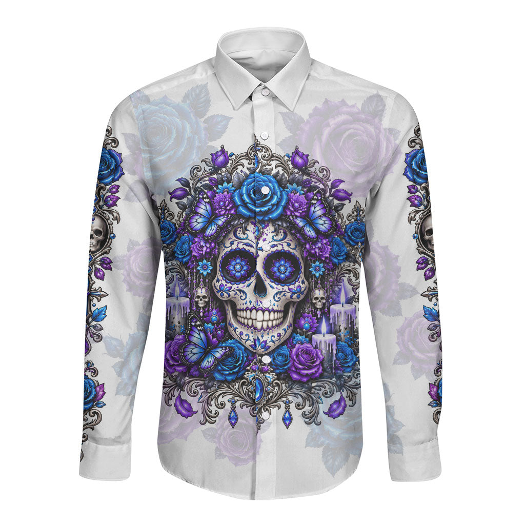 Day Of The Dead Long Sleeve Button Shirt Gothic Floral La Catrina Blue Purple Roses
